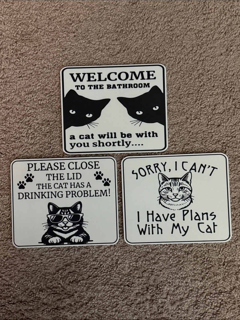 Cat Bathroom Funny Sign Set - Black & White